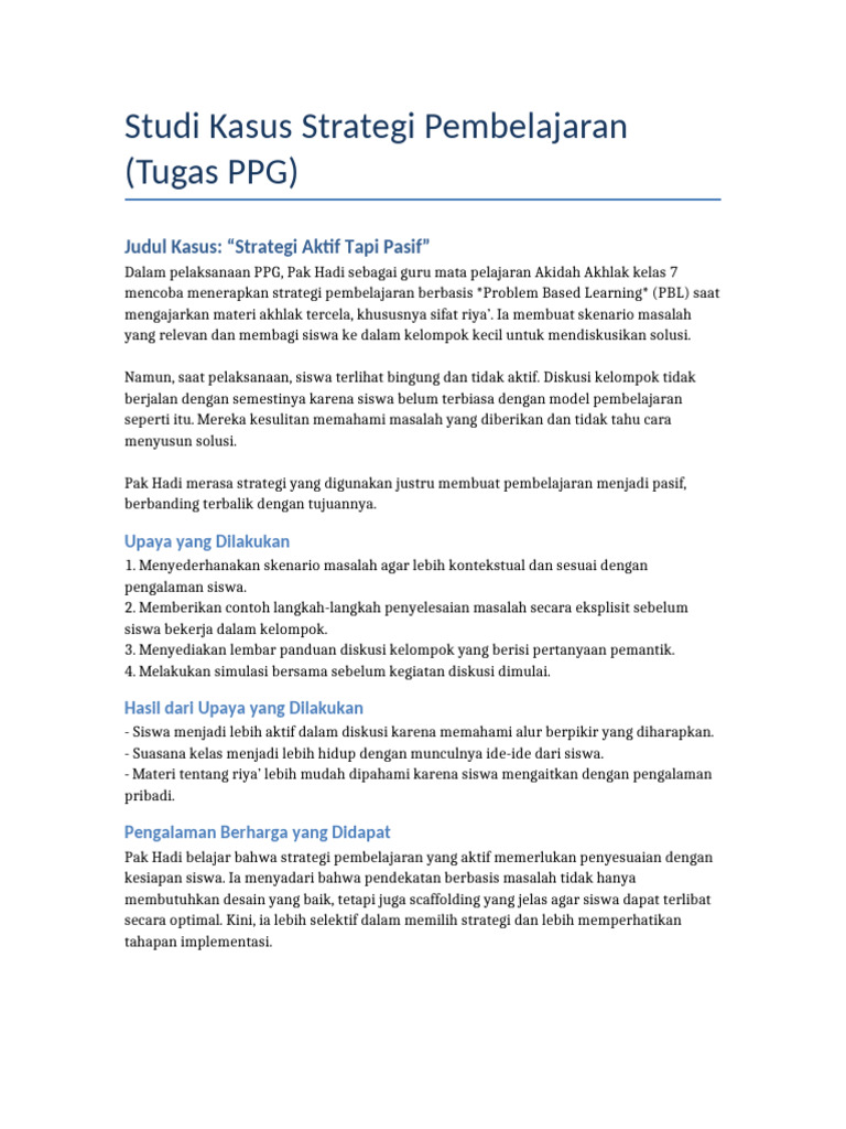 Studi Kasus Strategi Pembelajaran PPG 2025 PDF Studi Kasus Strategi Pembelajaran PPG 2025 PDF